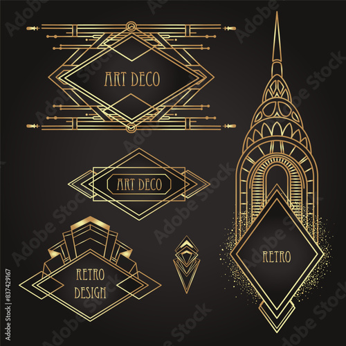 Art Deco vintage gold and silver design element over black. Retro party geometric background set in 1920s style. Vector illustration for glamour party, thematic wedding or textile prints.