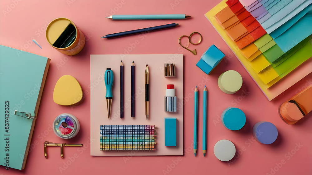 A range of colorful stationery items arranged neatly on a gradient background, HD, Hyper Results A range of colorful stationery items arranged neatly on a gradient background, HD, Hyper Results