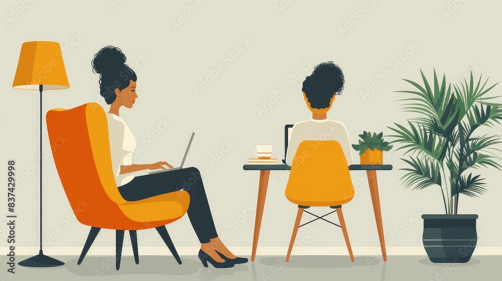 Fototapeta premium Embracing Remote Work: Young Woman Engaged in Work or Study at Home, Depicted in a Flat Illustration