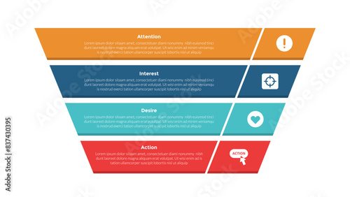 AIDA marketing funnel infographics template diagram with creative funnel pyramid reverse block with 4 point step design for slide presentation