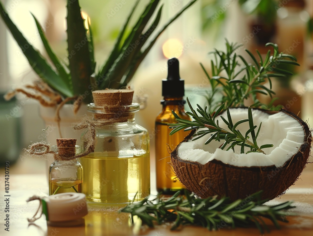 A pretty display for a salon advertisement using essential oils, coconut and other herbs. A pretty display for a salon advertisement using essential oils, coconut and other herbs.