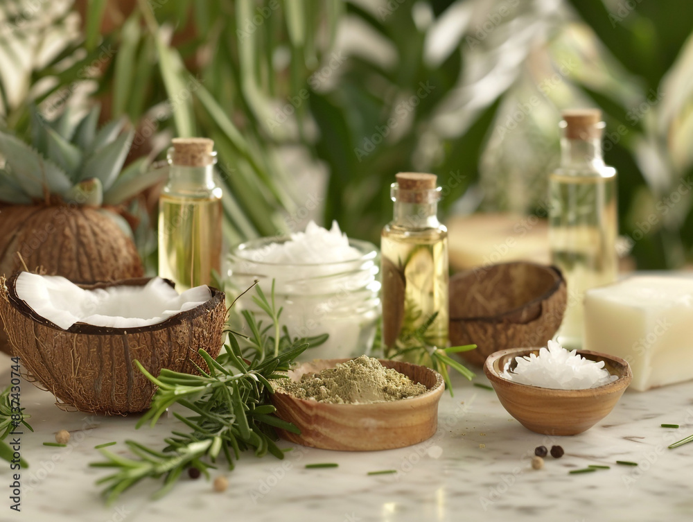 A pretty display for a salon advertisement using essential oils, coconut and other herbs. A pretty display for a salon advertisement using essential oils, coconut and other herbs.