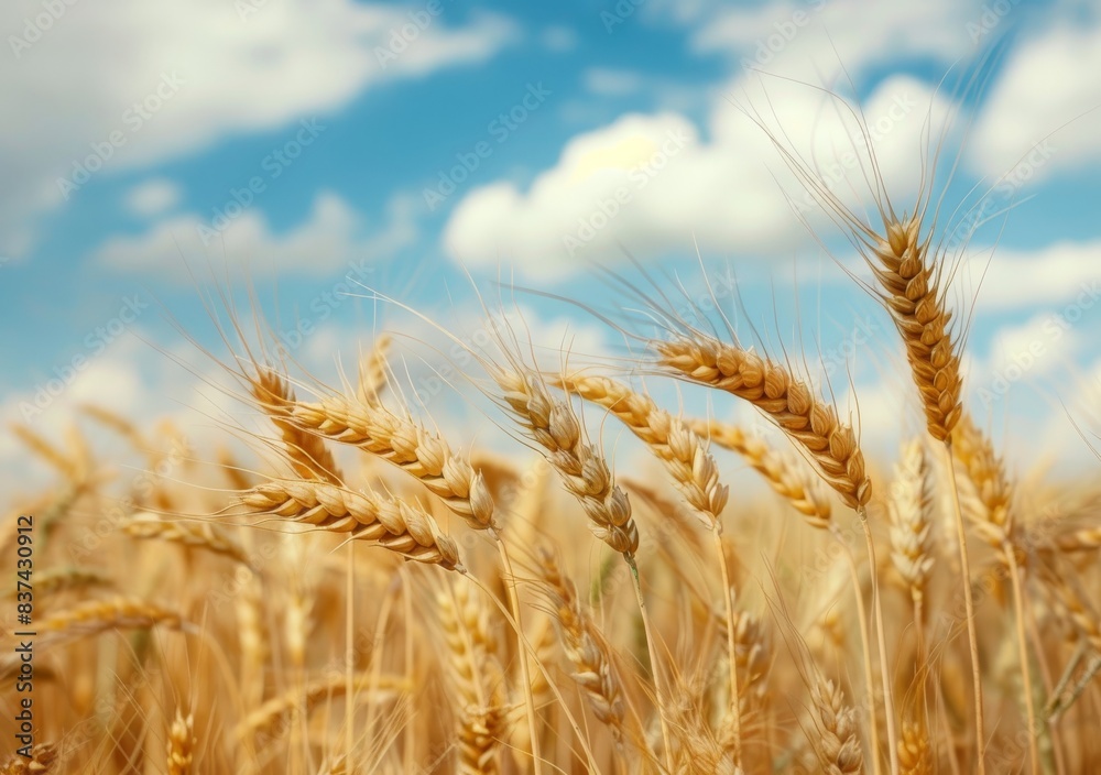 A closeup of golden wheat ears swaying in the wind, set against an expansive field with blue sky and white clouds. A closeup of golden wheat ears swaying in the wind, set against an expansive field with blue sky and white clouds.
