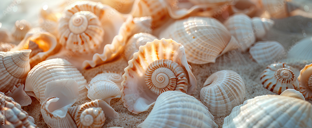 A pile of sea shells, close up, natural lighting, beige aesthetic A pile of sea shells, close up, natural lighting, beige aesthetic