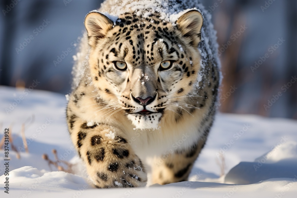 Close-up of a snow leopard prowling through a snowy landscape, showcasing its stunning fur patterns and piercing eyes. Close-up of a snow leopard prowling through a snowy landscape, showcasing its stunning fur patterns and piercing eyes.