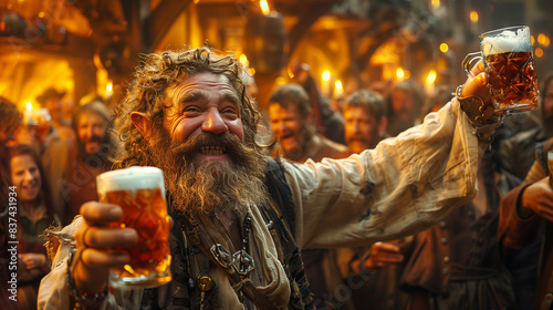  fantasy tavern celebration with dwarves, lively atmosphere, drinking and merrymaking