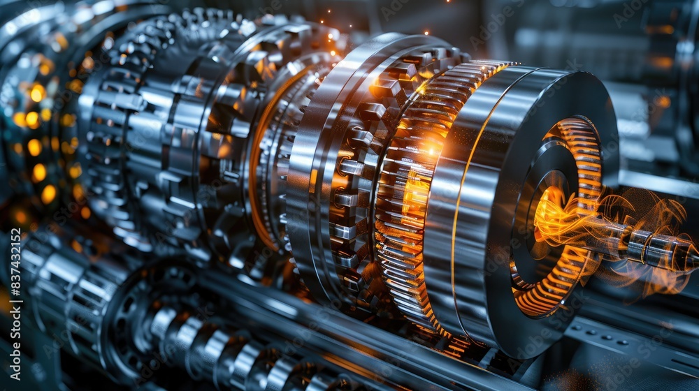 Close-up of a high-tech, futuristic mechanical gear system with glowing elements, showcasing precision engineering and advanced technology. Close-up of a high-tech, futuristic mechanical gear system with glowing elements, showcasing precision engineering and advanced technology.