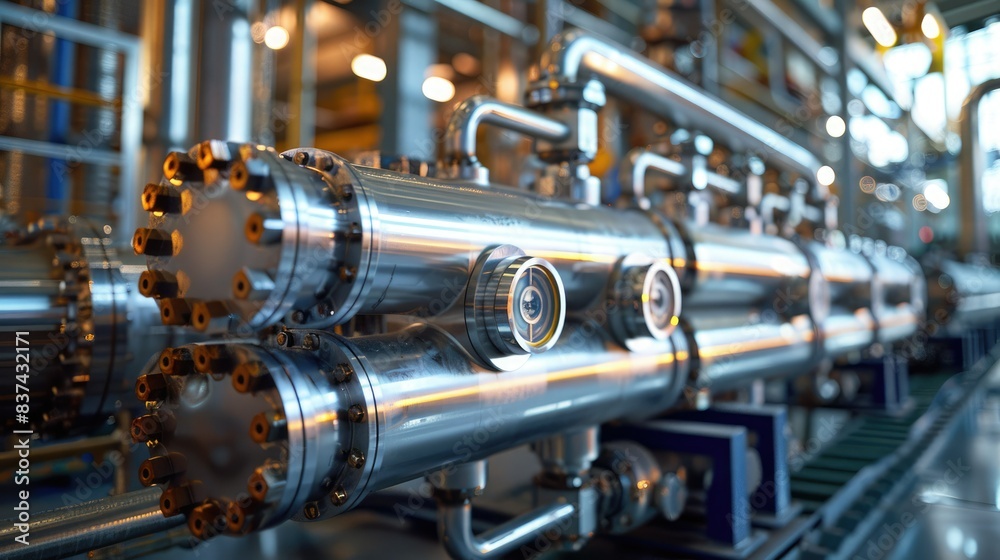 Close-up of industrial machinery in a modern factory. Shiny metal pipes and components showcasing advanced engineering and technology. Close-up of industrial machinery in a modern factory. Shiny metal pipes and components showcasing advanced engineering and technology.