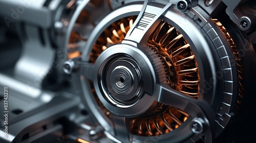 Close-up view of a high-tech metallic machine part featuring intricate gears and copper coils  showcasing industrial engineering and precision mechanics.