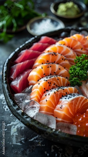 Close-up of sushi platter with salmon and tuna slices on ice. Japanese cuisine, sushi restaurant concept.
