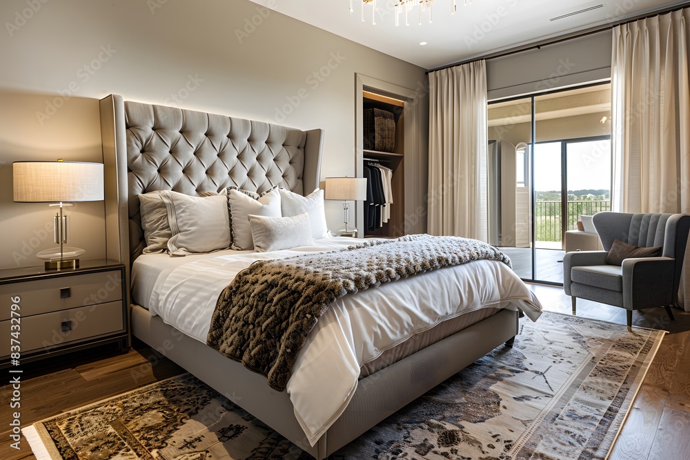 Fototapeta premium Elegant Bedroom Interior with Cozy Decor and Warm Lighting