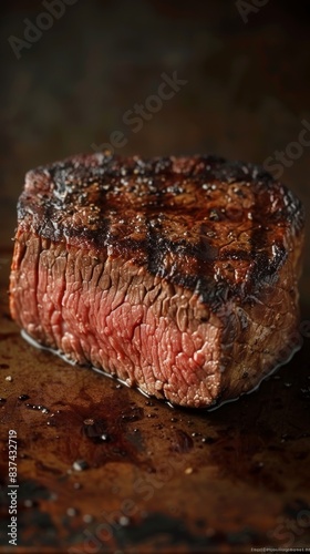 Juicy Grilled Medium-Rare Beef Steak. Close-up of a perfectly grilled medium-rare beef steak, showcasing its juicy and tender texture with charred edges.