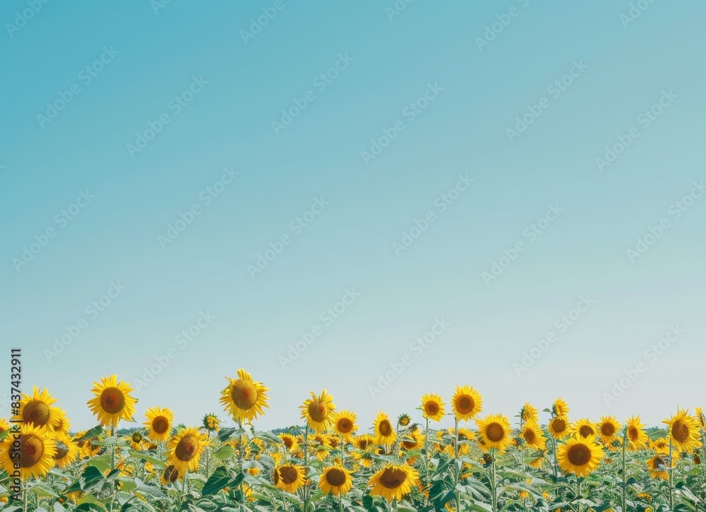 Fototapeta premium A field of sunflowers under the clear blue sky, creating an inviting and vibrant scene with bright yellow petals against a deep azure background.