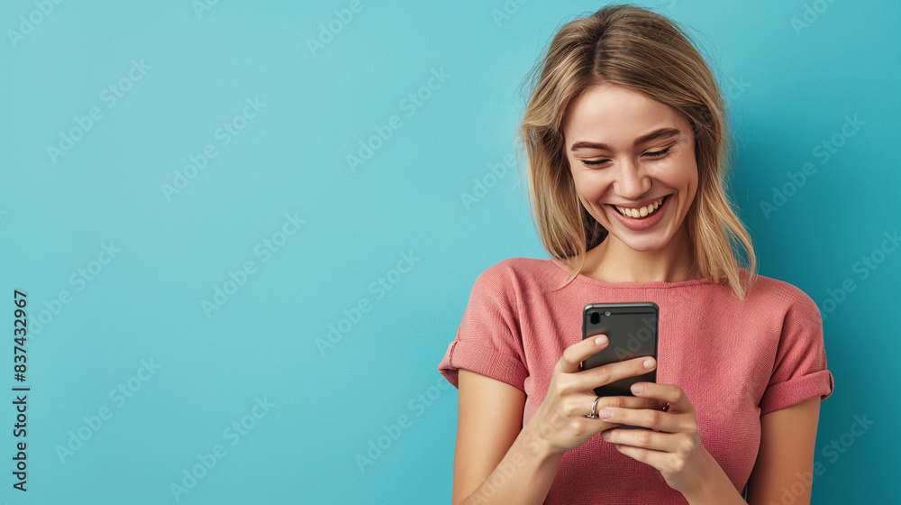 A young woman, with long blonde hair, stands against a bright blue wall. She is wearing a pink t-shirt and looking down at her smartphone, smiling brightly A young woman, with long blonde hair, stands against a bright blue wall. She is wearing a pink t-shirt and looking down at her smartphone, smiling brightly
