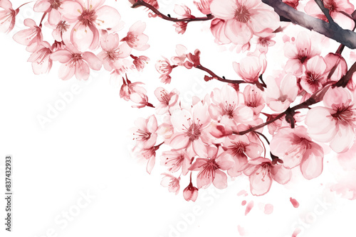 Elegant Watercolor Sakura Branches; Delicate Cherry Blossoms on a Transparent Background