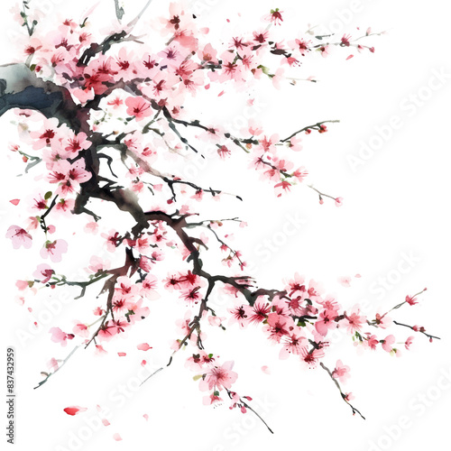 Elegant Sakura Watercolor Branches: Delicate Cherry Blossoms Artfully Positioned on a Transparent Background for Graceful Design Use.