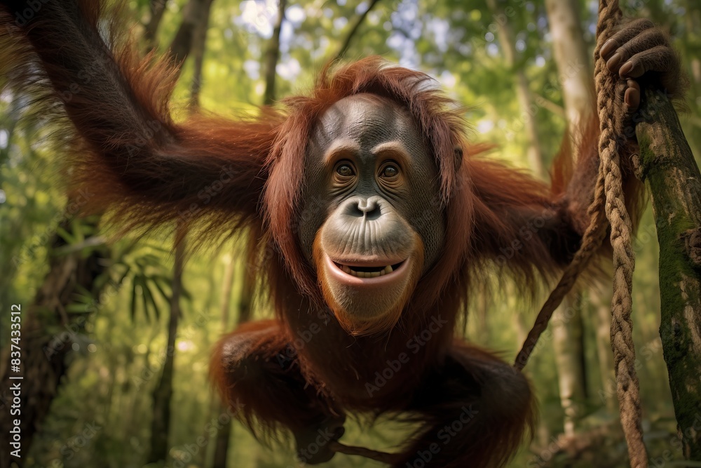 Friendly orangutan swinging on a vine in lush tropical forest. Capturing the beauty and playful nature of wildlife in their natural habitat. Friendly orangutan swinging on a vine in lush tropical forest. Capturing the beauty and playful nature of wildlife in their natural habitat.