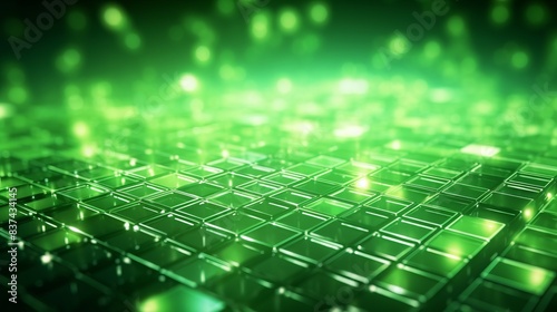 Glowing green digital matrix background with futuristic light effects and geometric patterns  representing technology and innovation.