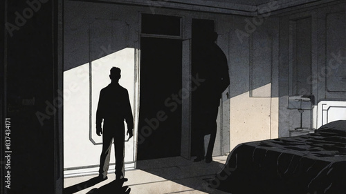 Shadows and Silhouettes in paranoid person hallucination, lurking figures or hidden dangers, paranoia and insecurity