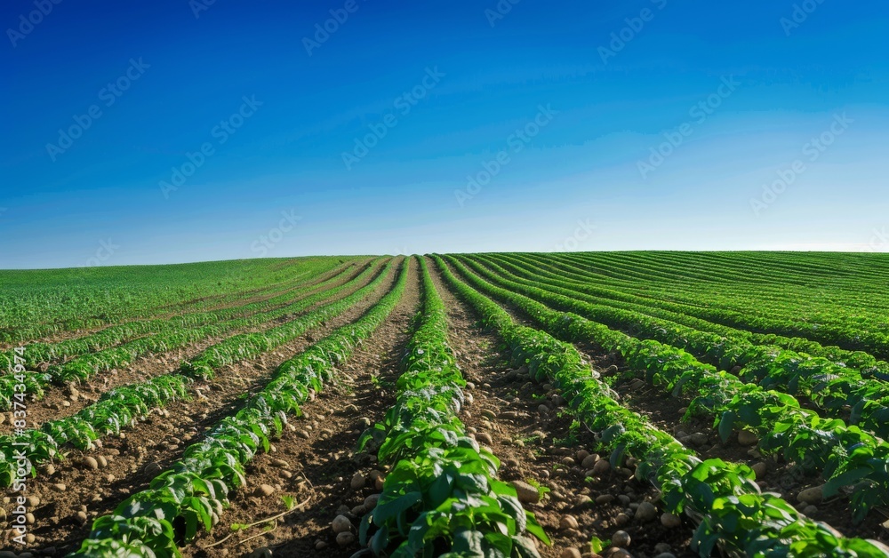 A large potato field with rows of green potatoes growing under the bright sun, creating an endless expanse that extends to infinity. A large potato field with rows of green potatoes growing under the bright sun, creating an endless expanse that extends to infinity.