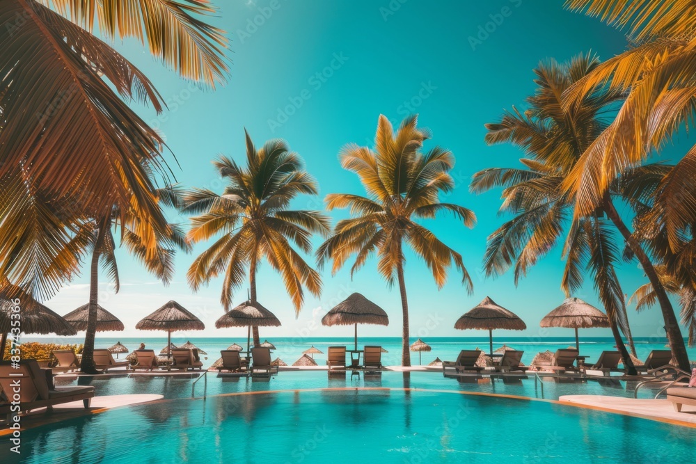 A swimming pool surrounded by palm trees and chairs on a tropical beach