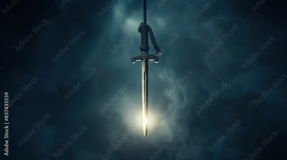 Damocles dagger hanging by a thread, on black background Damocles dagger hanging by a thread, on black background