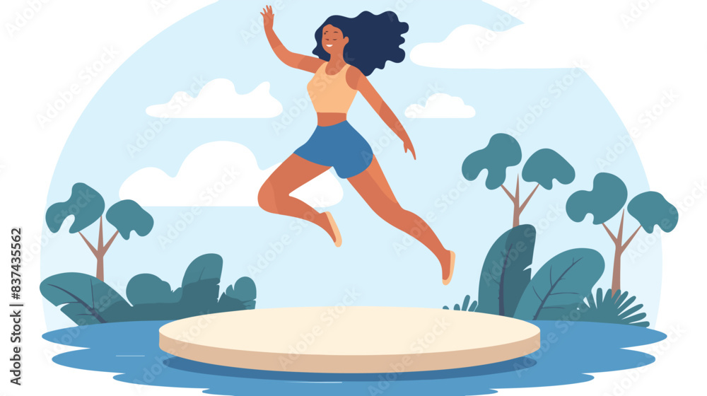 Woman jumping high on trampoline outdoors or in bac