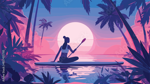 Woman practice yoga asana on paddle board at night