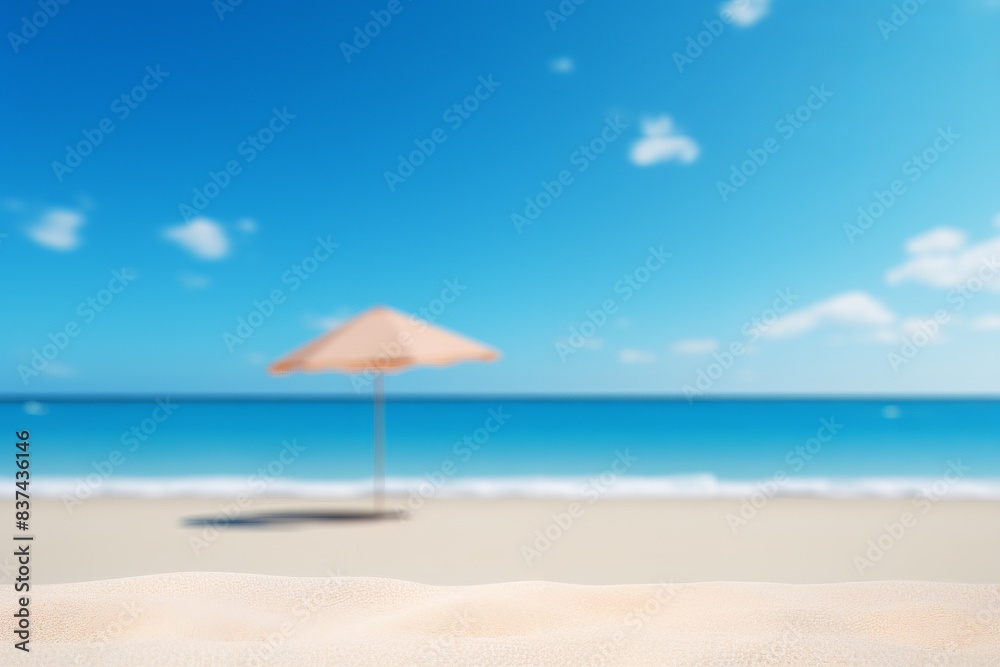 Serene beach scene with a lone umbrella under clear blue skies, soft sand, and calm ocean waves. Perfect for summer and vacation imagery. Serene beach scene with a lone umbrella under clear blue skies, soft sand, and calm ocean waves. Perfect for summer and vacation imagery.