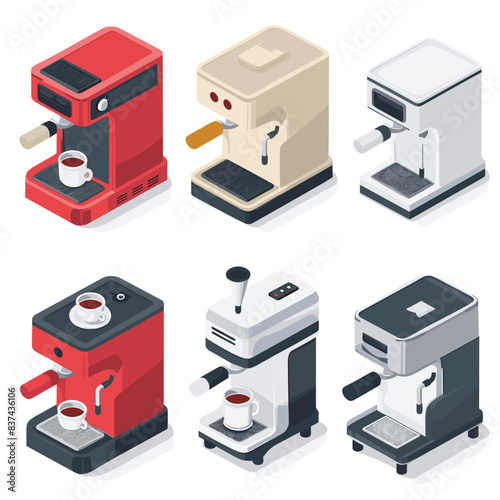 Isometric coffee machines collection. Espresso makers different models colors, isometric design. Kitchen appliances making coffee, isolated white background