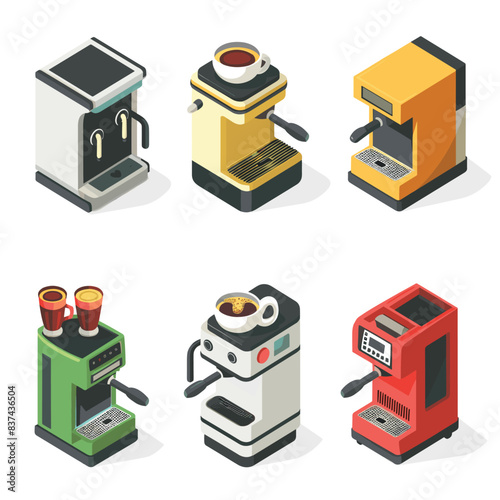 Six isometric coffee machines various designs colors styles isolated white background. Espresso makers, cup coffee, modern kitchen appliances isometric view. Coffee brewing equipment, colorful