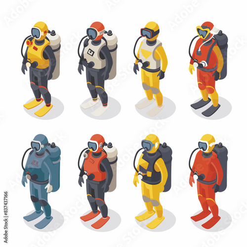 Set diverse isometric scuba divers colorful gear exploring underwater, diver equipped fins, mask, snorkel, tank, suitable diving themes. Isometric illustration showcases adventure, sports, scuba