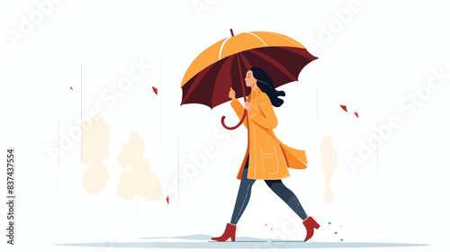 Woman walking under umbrella in rain shower. Person