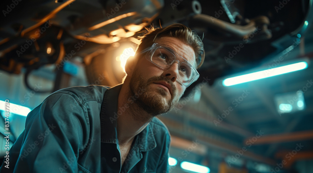 Car mechanic working on fixing and repairing a car in a garage