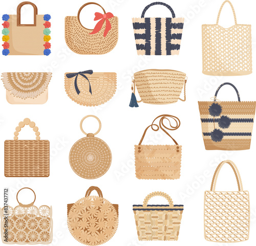 Set of straw bags with different handles, colorful shopping tote bags, summer beach bags. vector illustration