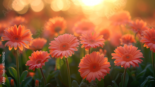 Red and yellow gerberas, a type of daisy, bloom brightly in a summer garden
