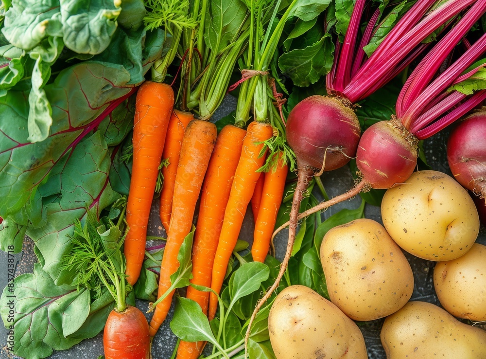 A pile of fresh vegetables including carrots, beets and potatoes on a farm background. A pile of fresh vegetables including carrots, beets and potatoes on a farm background.