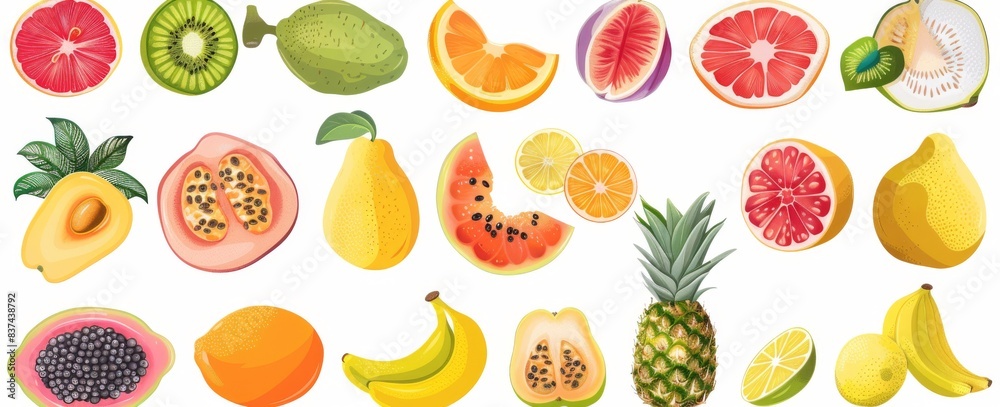 A set of tropical fruits on a white background, viewed from above in a flat lay A set of tropical fruits on a white background, viewed from above in a flat lay