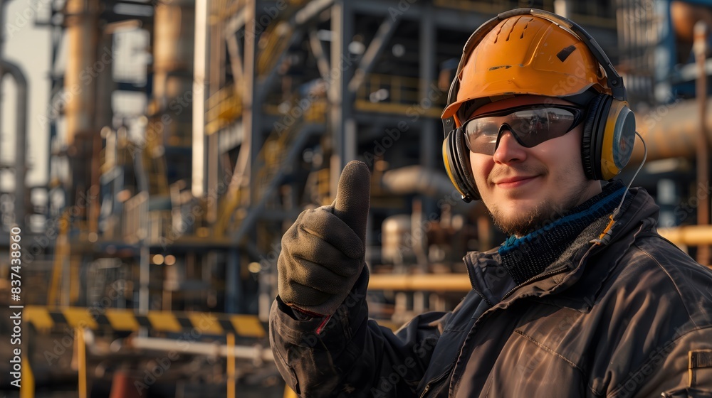 Engineer or worker wearing hearing protection at offshore oil and gas site, smiling and giving a thumbs up, promoting safety with earmuffs and glasses Engineer or worker wearing hearing protection at offshore oil and gas site, smiling and giving a thumbs up, promoting safety with earmuffs and glasses
