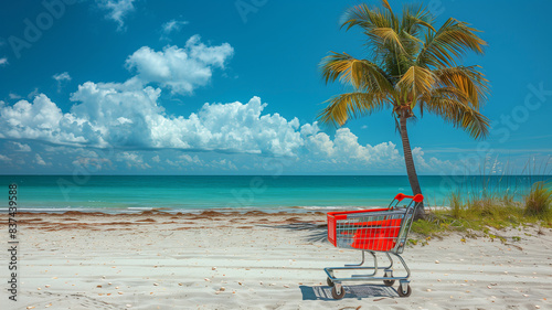 Tropical vacation paradise awaits with an empty beach chair on white sand beside swaying palm trees photo