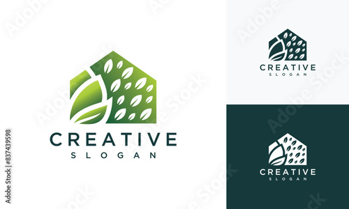 Green house nature logo design, leaf concept at home. inspirationAbstract leaf house logo	
