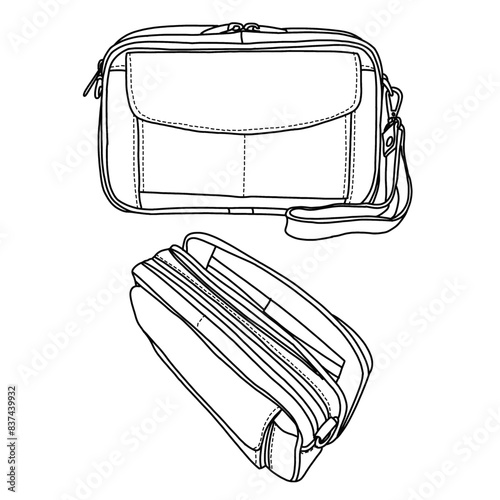 Technical sketch drawing vector Illustration of clutch bag line art, suitable for your custom men's bag design, outline vector doodle illustration side and isometric view, isolated on white background