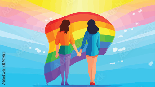 Women holding hands against rainbow flag. LGBT conc
