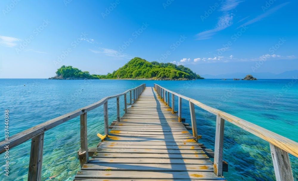 Obraz premium A wooden bridge leads to an island in the distance, with a clear blue sea and sky, bright colors, and natural scenery in the sunshine.
