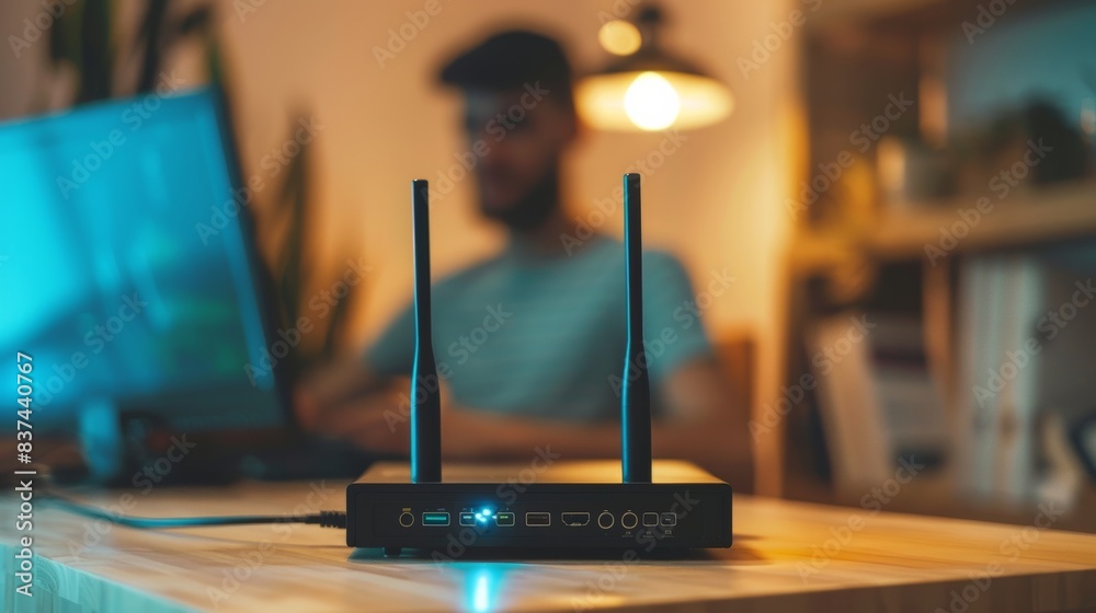 Selective focus at router. Internet router on working table with ...