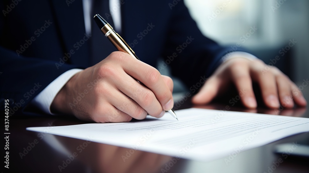 Business professional in a suit signing a document with a pen at a desk, conveying concepts of agreement, contract, and business formalities. Business professional in a suit signing a document with a pen at a desk, conveying concepts of agreement, contract, and business formalities.