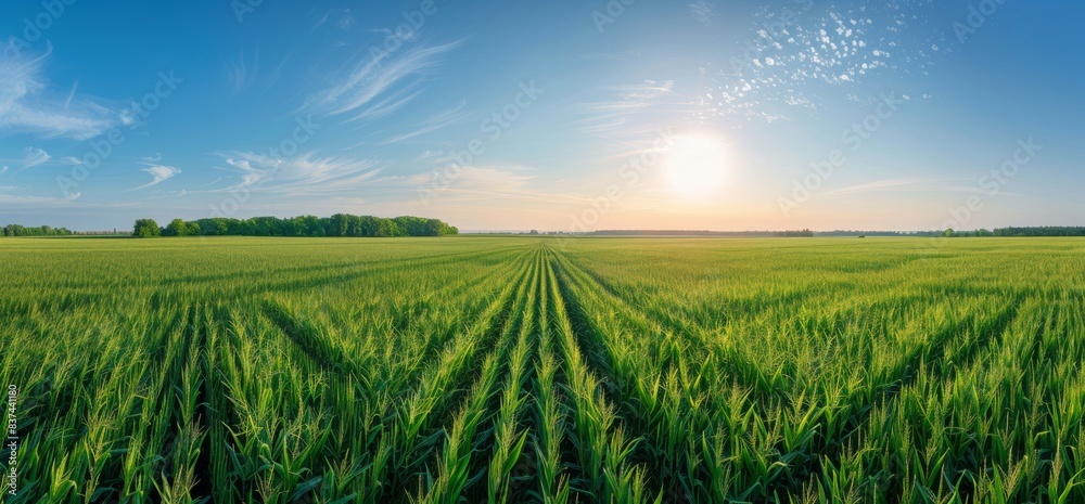 Aerial view of a green corn field, aerial photography taken at noon, using a wide angle lens, with a blue sky, from a top down perspective, as a panorama, with high definition photography Aerial view of a green corn field, aerial photography taken at noon, using a wide angle lens, with a blue sky, from a top down perspective, as a panorama, with high definition photography