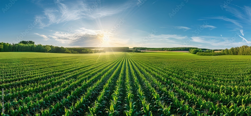 Aerial view of a green corn field, aerial photography taken at noon, using a wide angle lens, with a blue sky, from a top down perspective, as a panorama, with high definition photography Aerial view of a green corn field, aerial photography taken at noon, using a wide angle lens, with a blue sky, from a top down perspective, as a panorama, with high definition photography