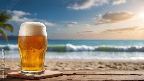 A cup of draft beer full of foam on the sandy beach against the backdrop of the beach  concept image