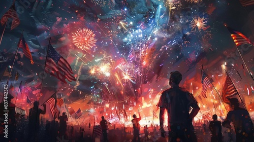 Illustrate a vibrant scene of people immersed in a festive atmosphere, gazing at fireworks amidst a sea of American flags waving in the wind